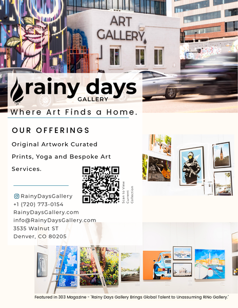 Rainy Days Gallery promotional layout with gallery photography, visitor information and QR code