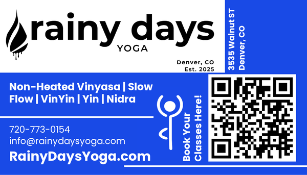 Rainy Days Yoga promotional card with class styles and booking QR code