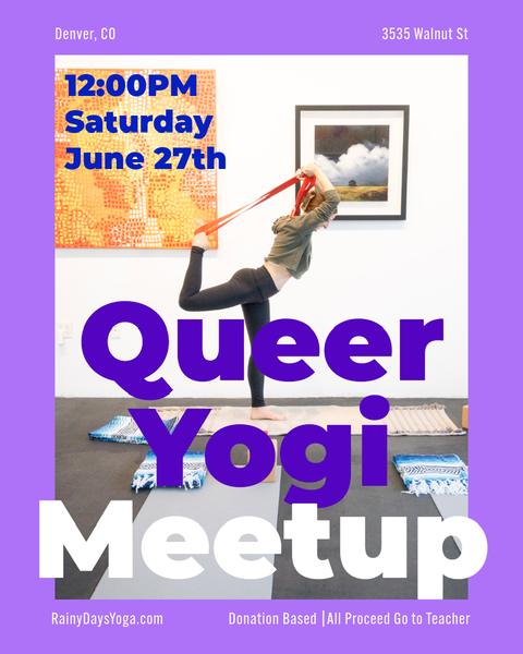 Queer Yogi Meetup promotional design featuring yoga in the gallery