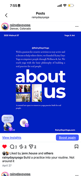 Rainy Days Yoga About us Instagram creative in the studio’s blue brand identity